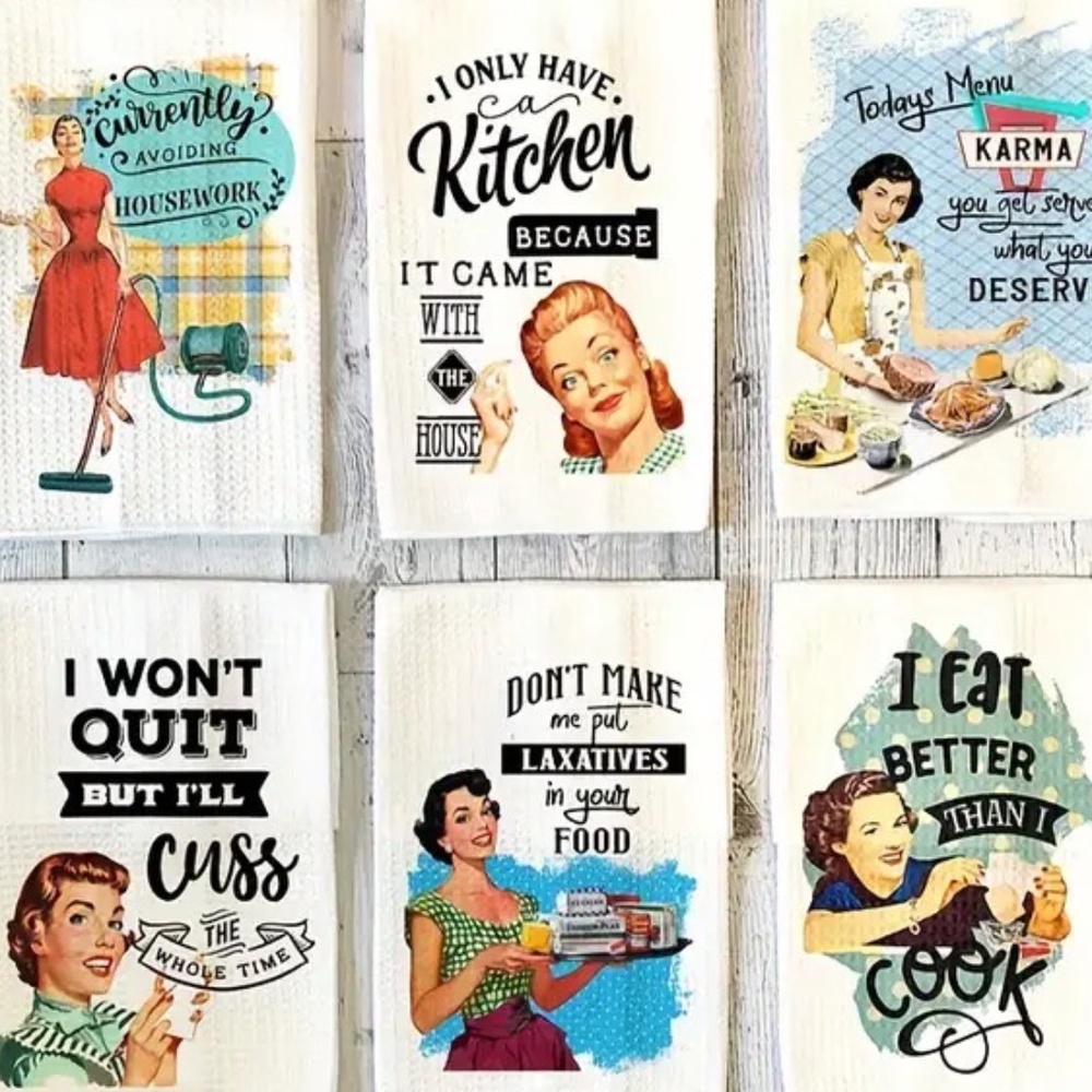 6pcs Vintage Housewife Polyester dishtowels. Great for stocking stuffers/